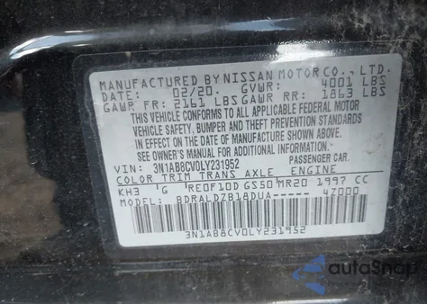 2020 Nissan Sentra Sv Xtronic Cvt z USA, uszkodzony, nr VIN 3N1AB8CV0LY231952